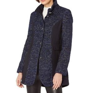 Kensie Wool Tweed Coat Navy Blue Colorblock Button-Up Medium